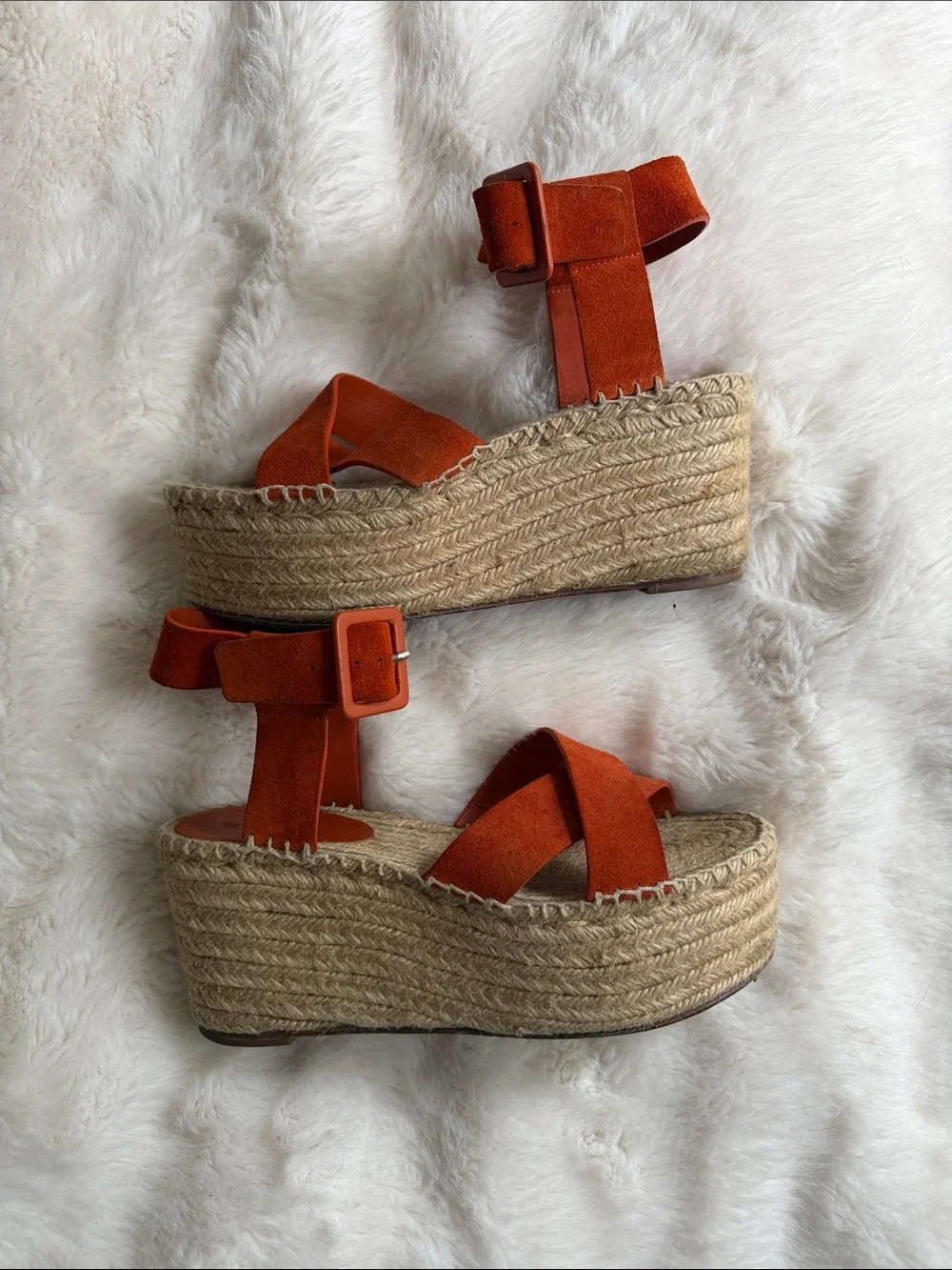 Celine Orange Suede Platform Espadrille Wedge Sandals